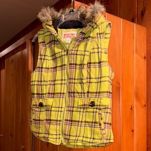 Yellow Plaid Vest with Faux Fur Hood